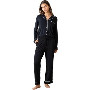 image:imageCozy Earth 100 Viscose From Bamboo Long Sleeve Pajama Set For Women  ButtonUp SleepwearBlack